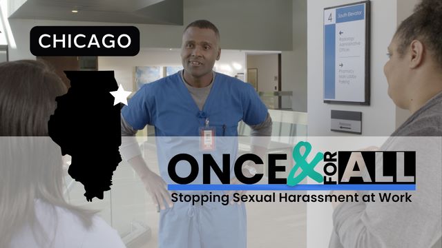 Employees having workplace conversation with text: Chicago Once & For All:Stopping Sexual Harassment at Work
