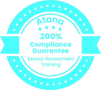 Image of a stamp with text: 200% compliance guarantee, sexual harassment training